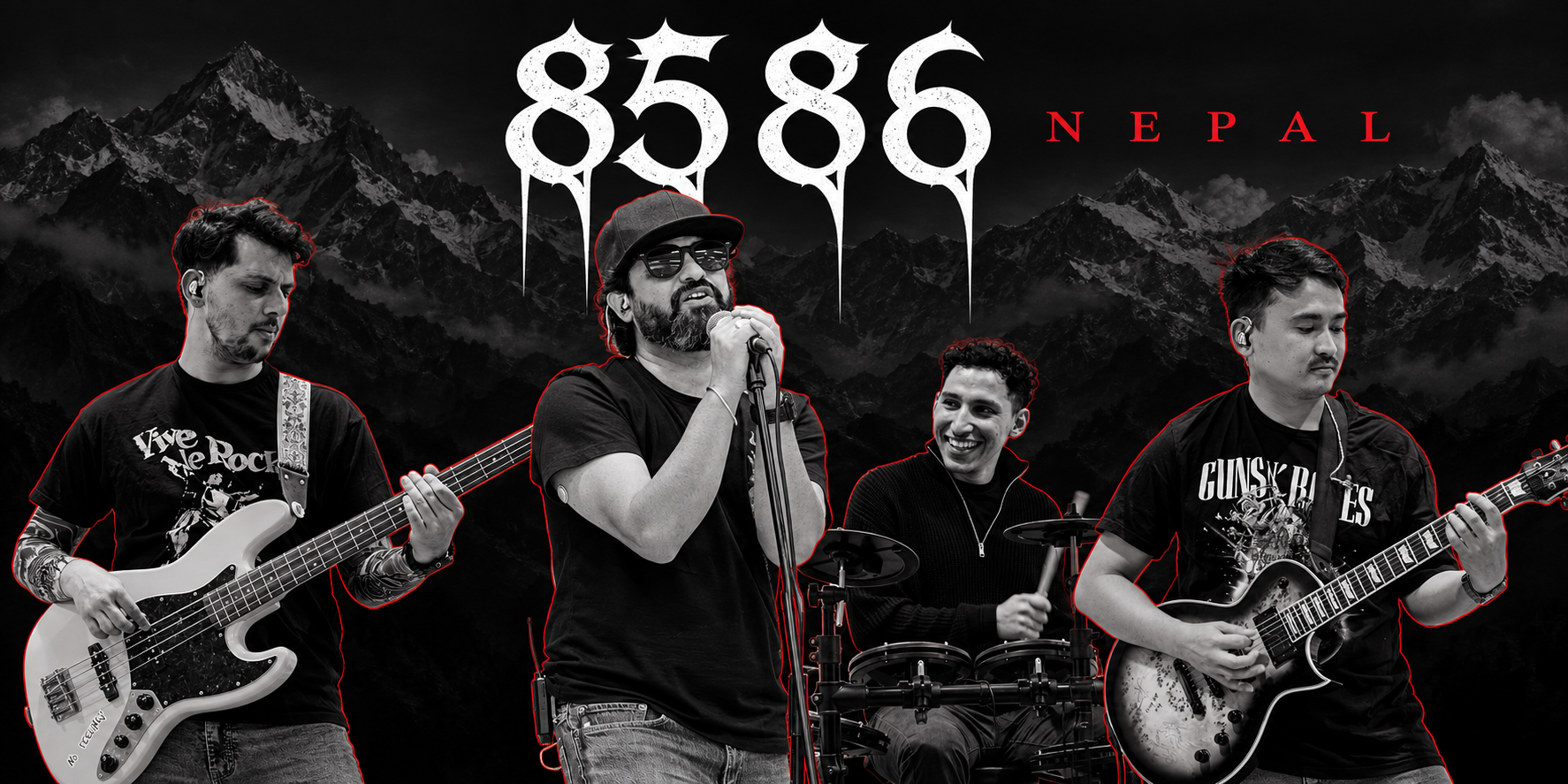 8586 Nepal band performing against a mountain backdrop
