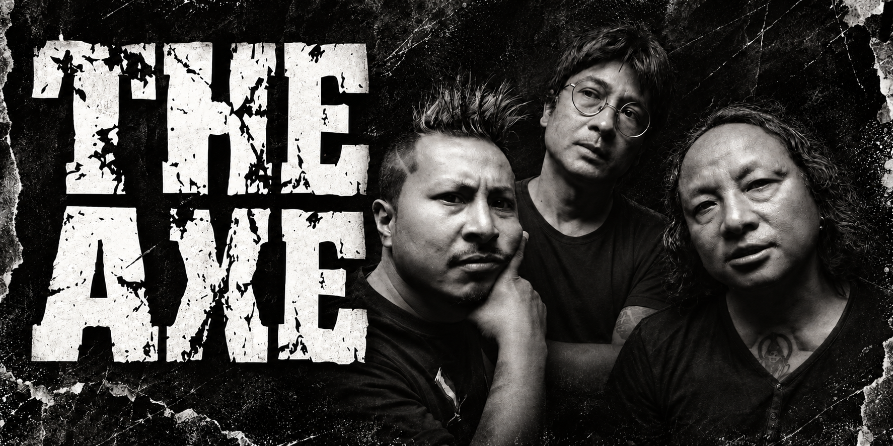 The Axe band with their white distressed logo on black concert artwork